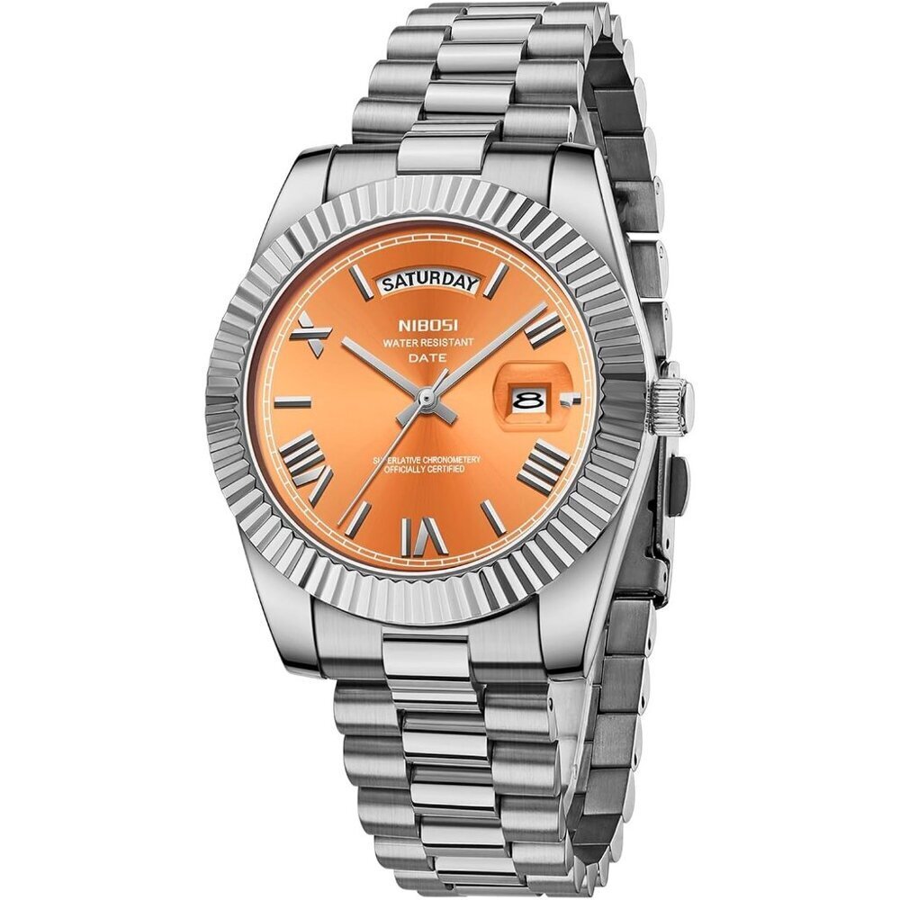 Men's Silver Orange Stainless Steel Analog Classic Design Stylish Wrist Watch
